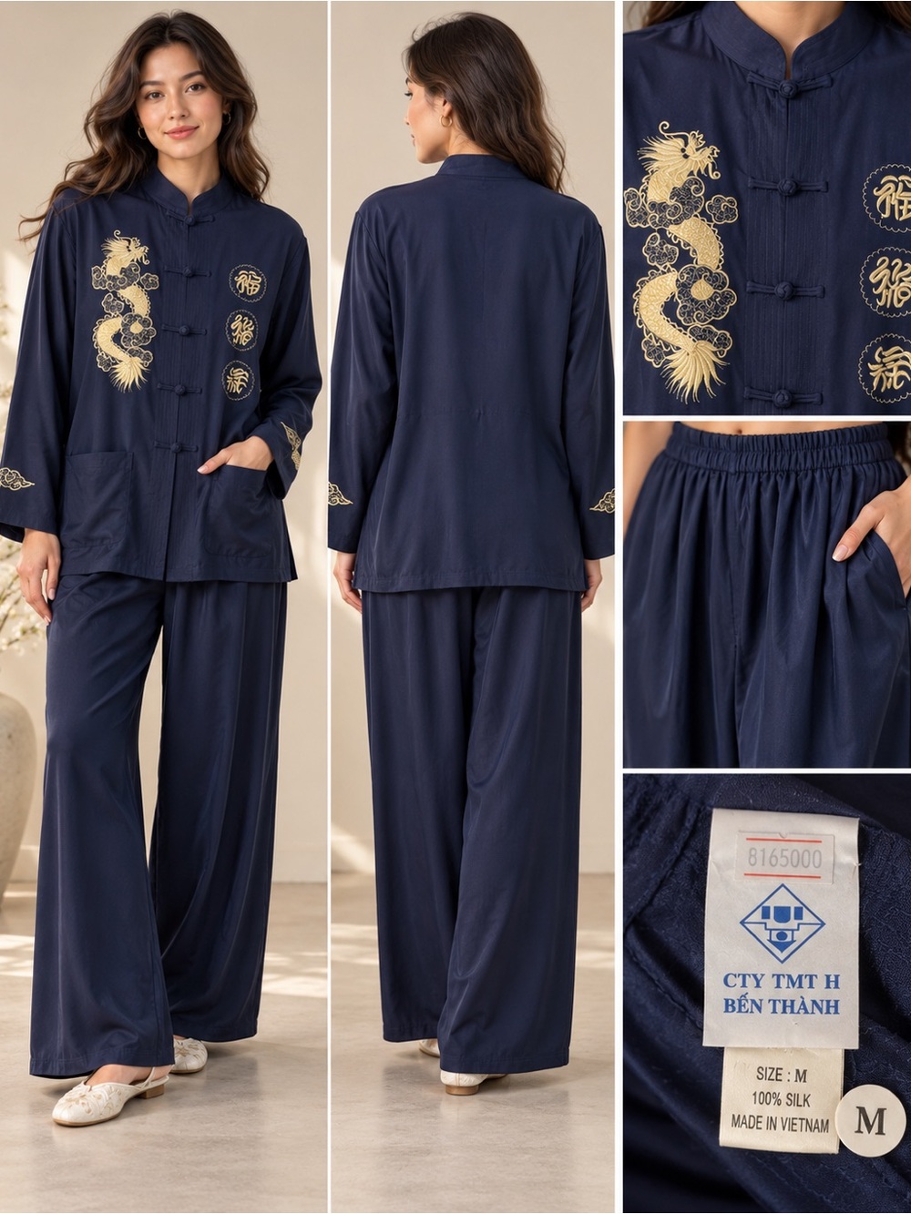 NWT Ben Thanh 100% Silk Embroidered Dragon 2 Piece Set Size M